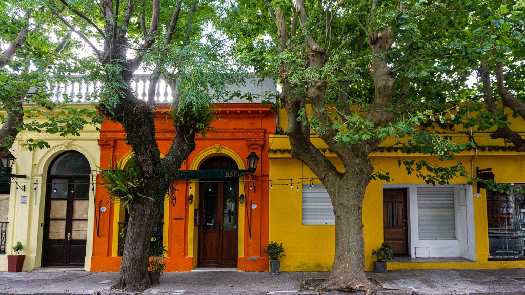 A row of colorful buildings along the streets in Colonia del Sacramento, Uruguay.
