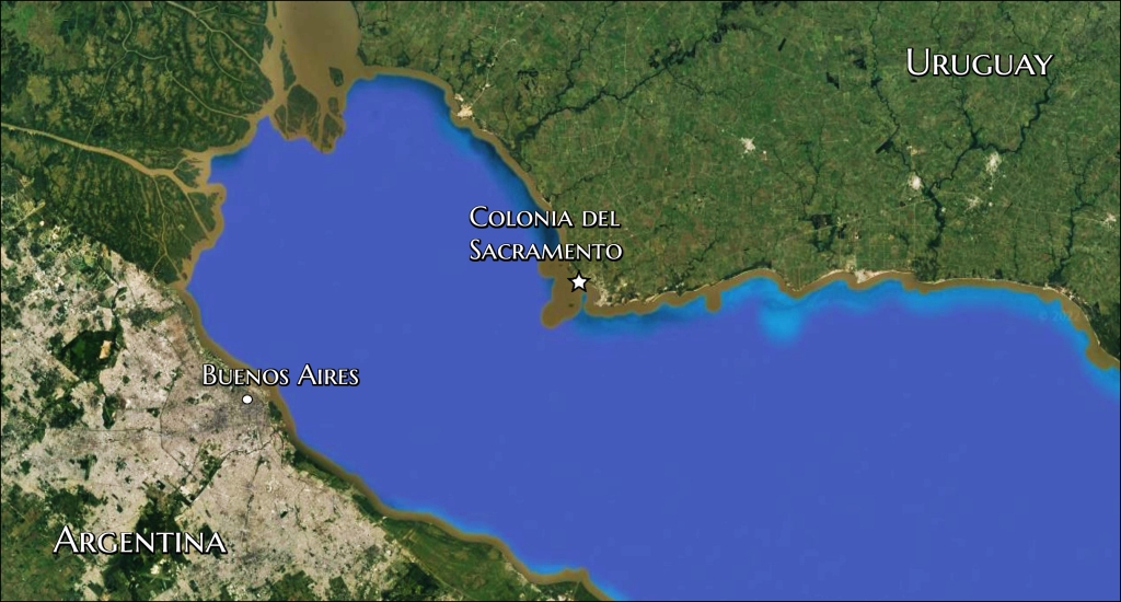 A map showing the locations of Colonia del Sacramento, Uruguay and Buenos Aires, Argentina.