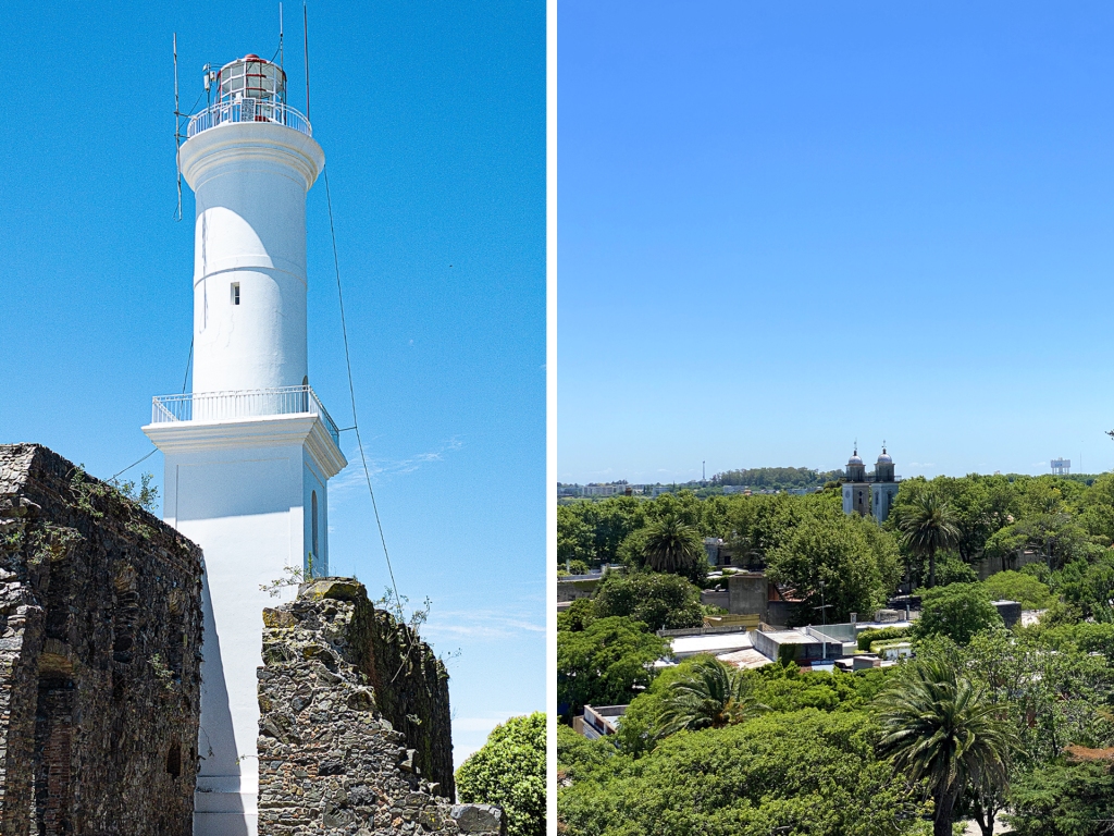 A tall, white lighthouse built onto the stone ruins of an old convent in Colonia del Sacramento, Uruguay.