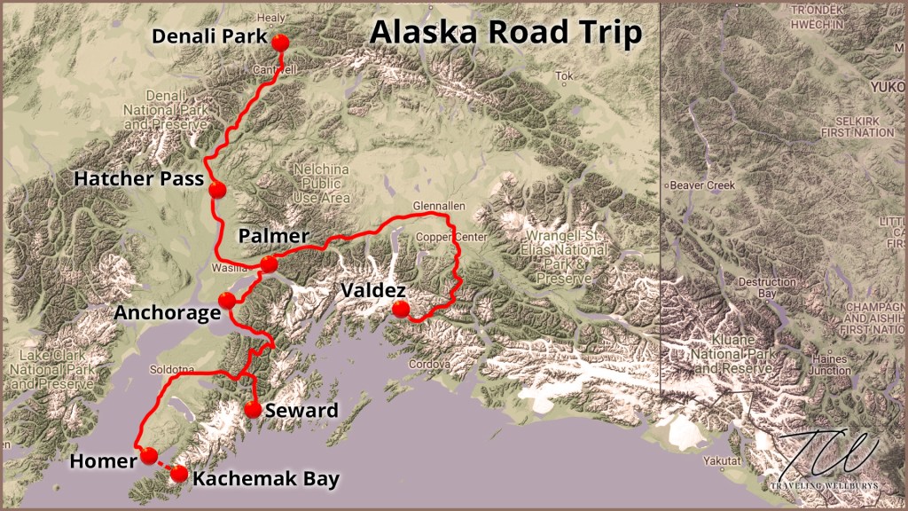 Alaska road trip map from Homer to Denali.