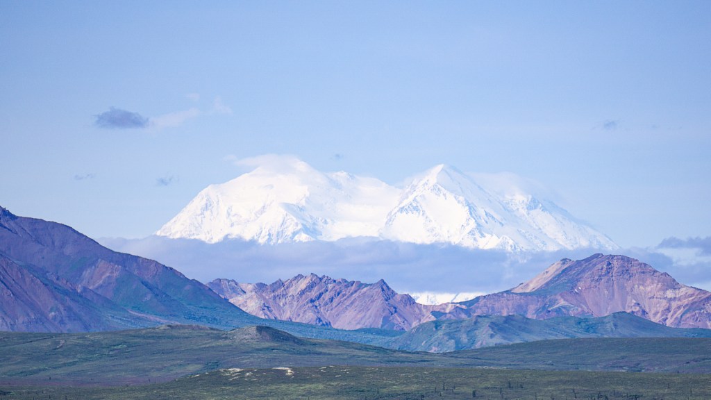 The snowy peaks of Mount Denali in Alaska.