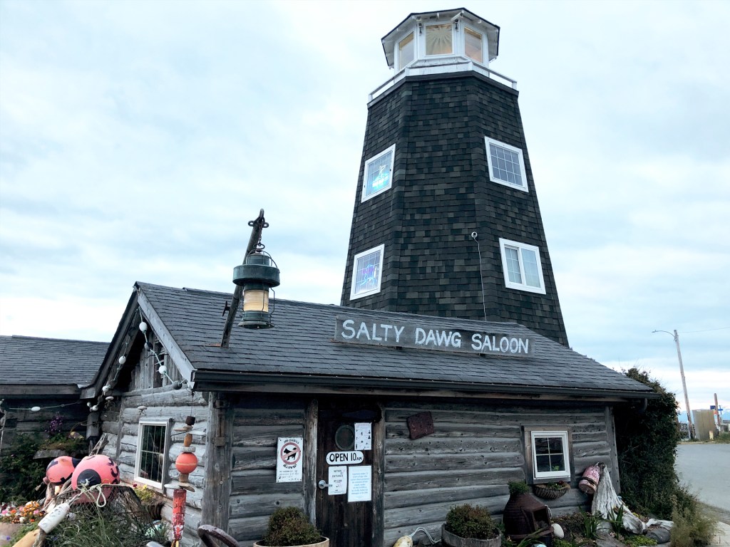 An old lighthouse that has been turned into a bar called the Salty Dawg Saloon in Homer, Alaska.