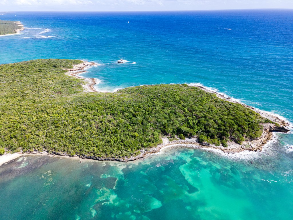 An aerial photograph of Vieques Island, Puerto Rico. A green, tree covered island surrounded by crystal clear ocean.