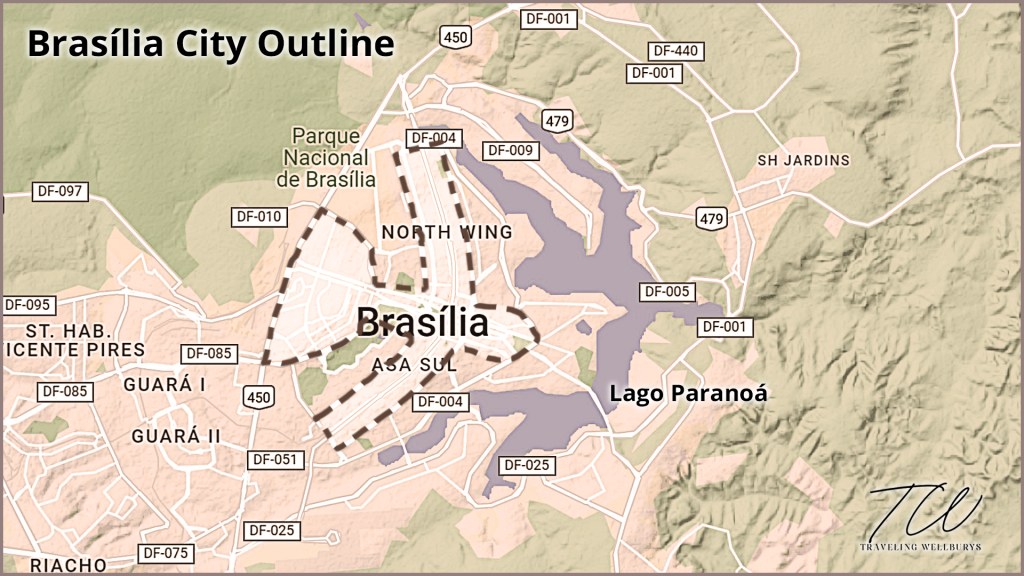 A map of BrasĂlia, Brazil outlining the airplane shape of the city.
