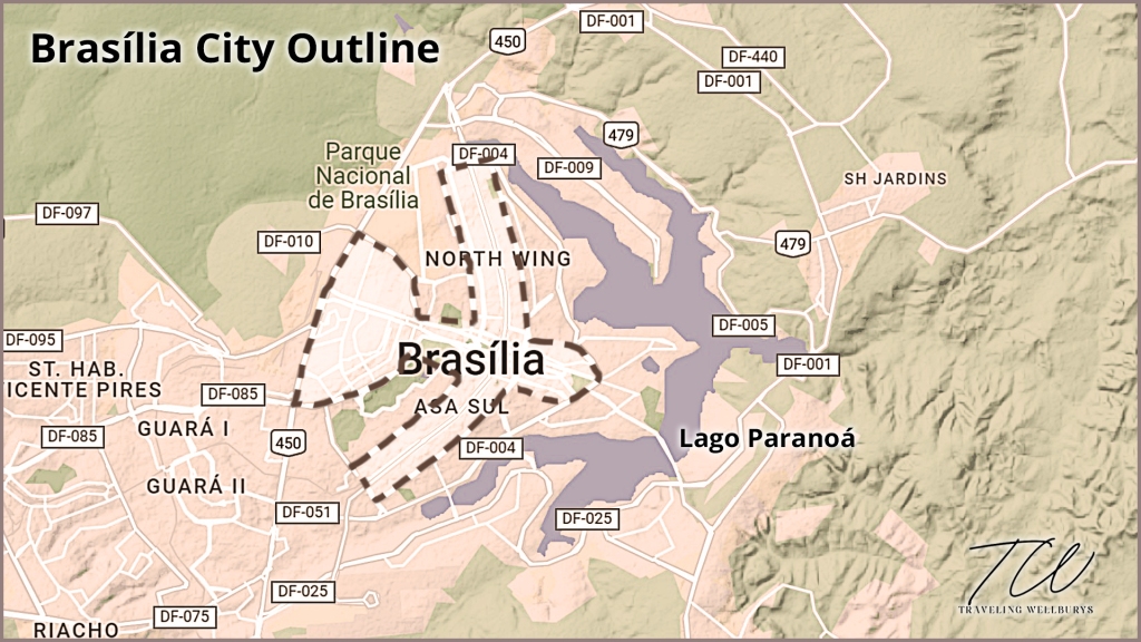 A map of Brasília, Brazil outlining the airplane shape of the city.