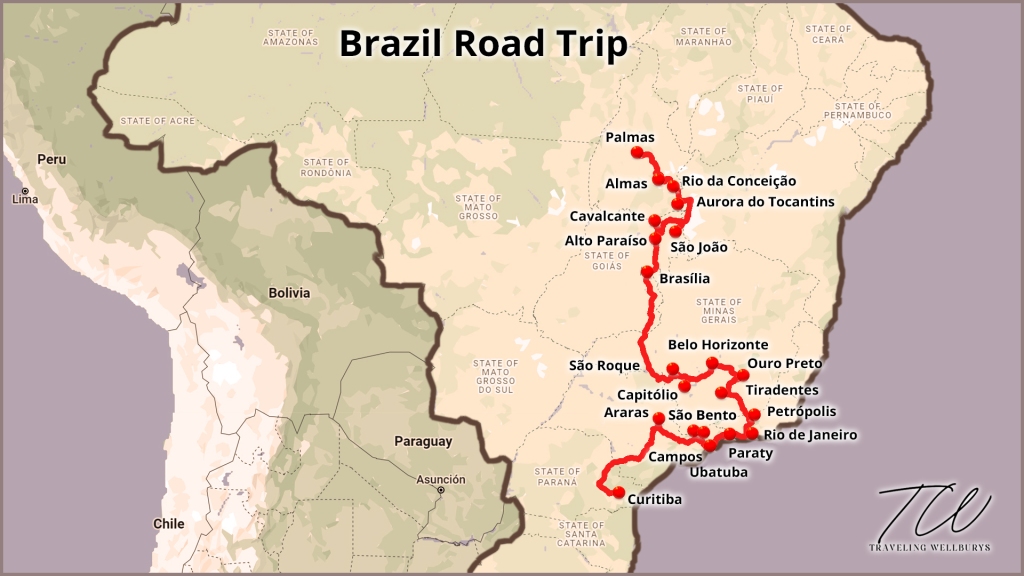 A map of a Brazil road trip route going through the states of São Paulo, Rio de Janeiro, Minas Gerais, Goias, and Tocantins.