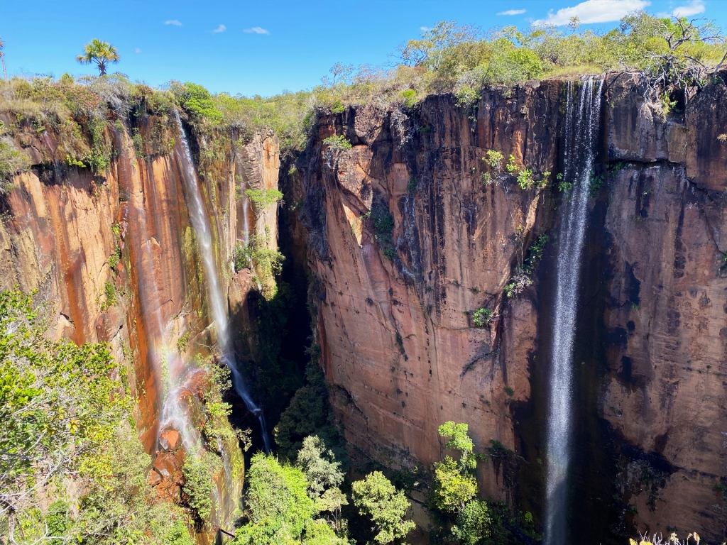 Cânion Encantado in Almas, Tocantins, Brazil. A red rock canyon with waterfalls.