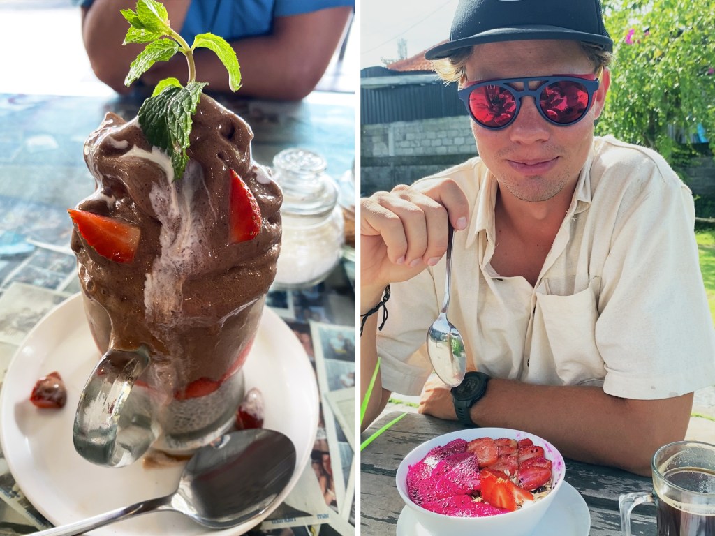 A chocolate smoothie bowl topped with strawberries and a mint leaf at the Crate Cafe in Canggu, Bali