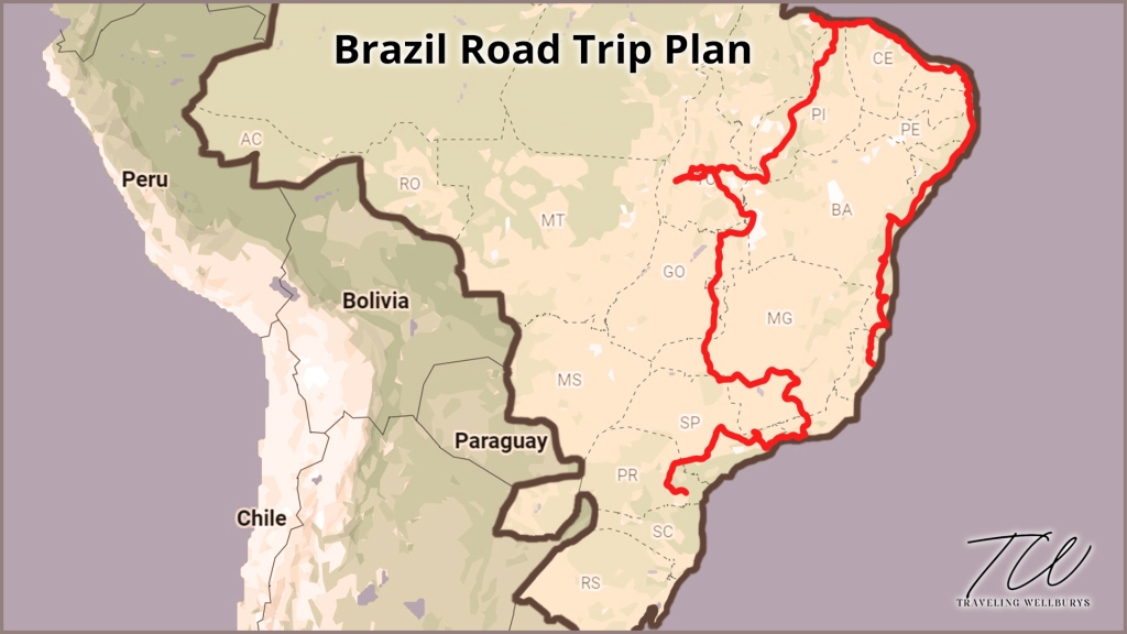 A map of a Brazil road trip going through the states of São Paulo, Rio de Janeiro, Minas Gerais, Goias, and Tocantins, Piaui, Ceara, Rio Grande do Norte, Paraiba, Pernambuco, Alagoas, Sergipe, Bahia, and Espirito Santo.