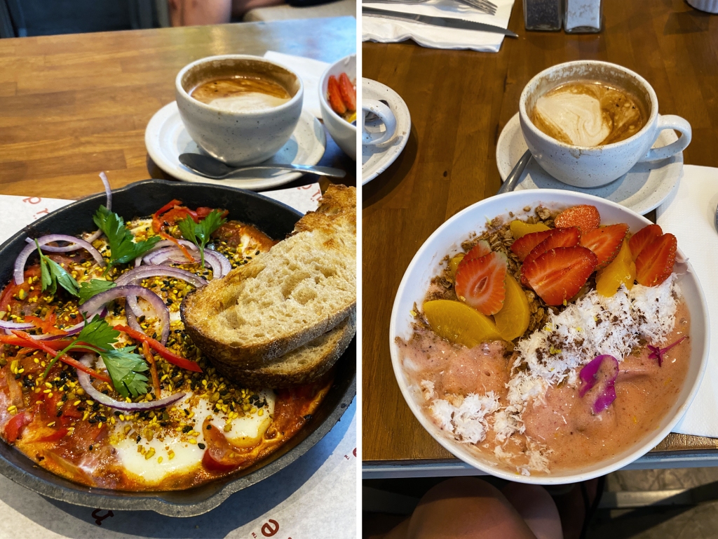 Breakfast smoothie bowl and a cappuccino at Nude cafe in Canggu, Bali