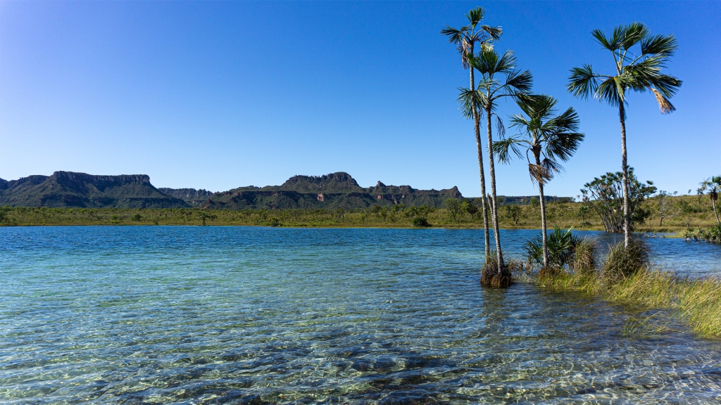 Rio da Conceição, Tocantins. A beautiful, blue water lagoon surrounded by palm trees and mountain backdrops.