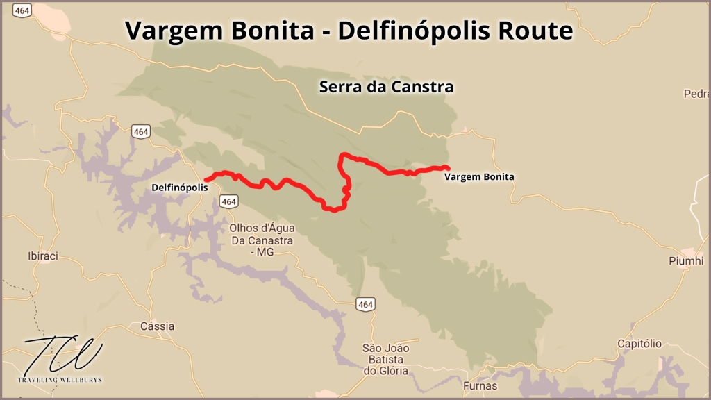 A map of the Vargem Bonita to Delfinopolis route within Serra da Canastra National Park, Minas Gerais, Brazil.