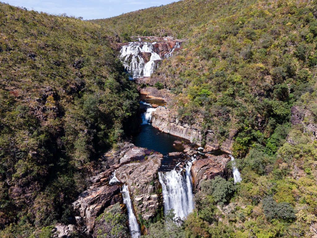 The Catarata dos Couros waterfall hike in Chapada dos Veadeiros National Park in Alto Paraiso de Goiás, Brazil.
