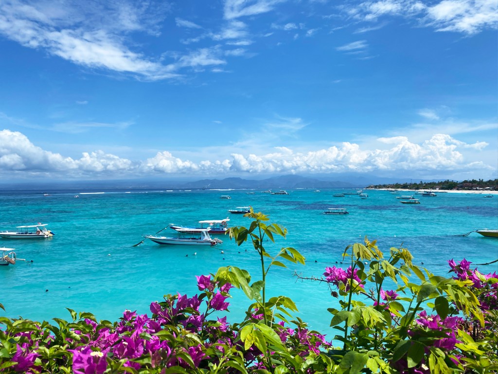 The Deck Cafe and Bar in Nusa Lembongan, a small island off of Bali, Indonesia. The cafe had a beautiful view overlooking the bright blue ocean and fishing boats.
