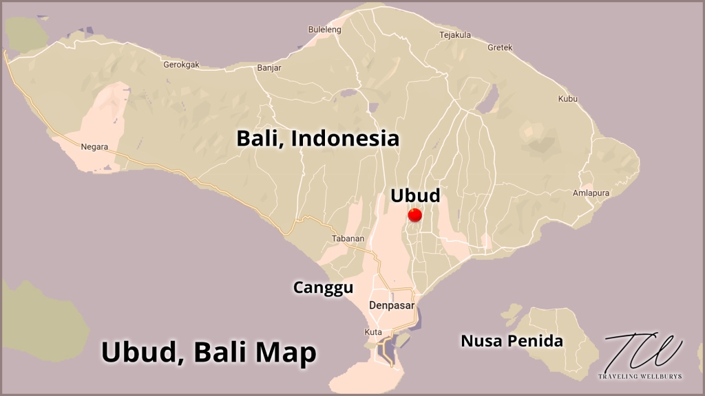 A map of Bali, Indonesia showing the locations of Ubud, Canggu, and Nusa Penida.