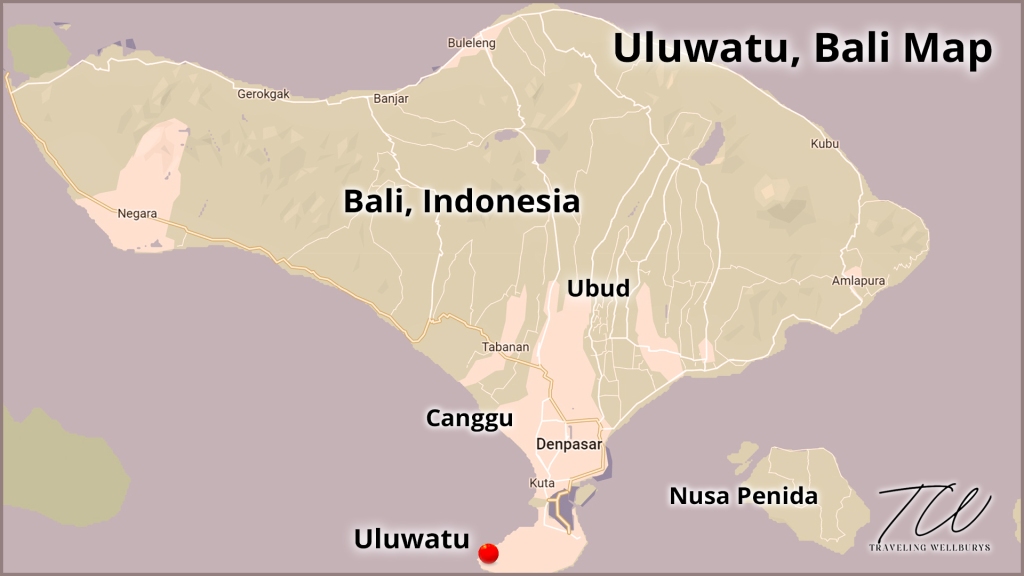 A map of Bali, Indonesia showing where Uluwatu, Bali is located.