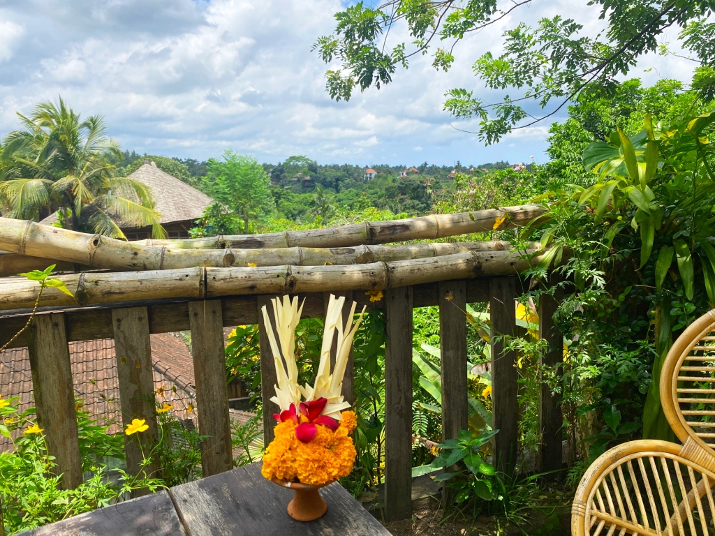 An overlook view of Ubud, Bali from the balcony at a restaurant.