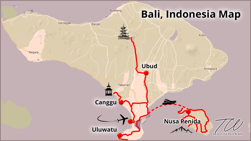 Bali, Indonesia travel map.