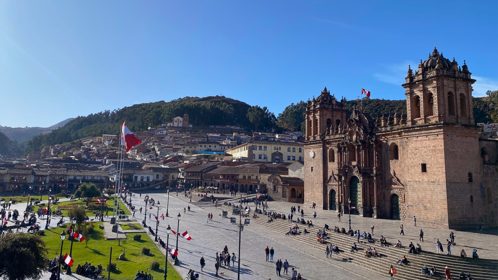 The Plaza de Armas in Cusco, Peru. The historic city square with the focal point being a large cathedral.