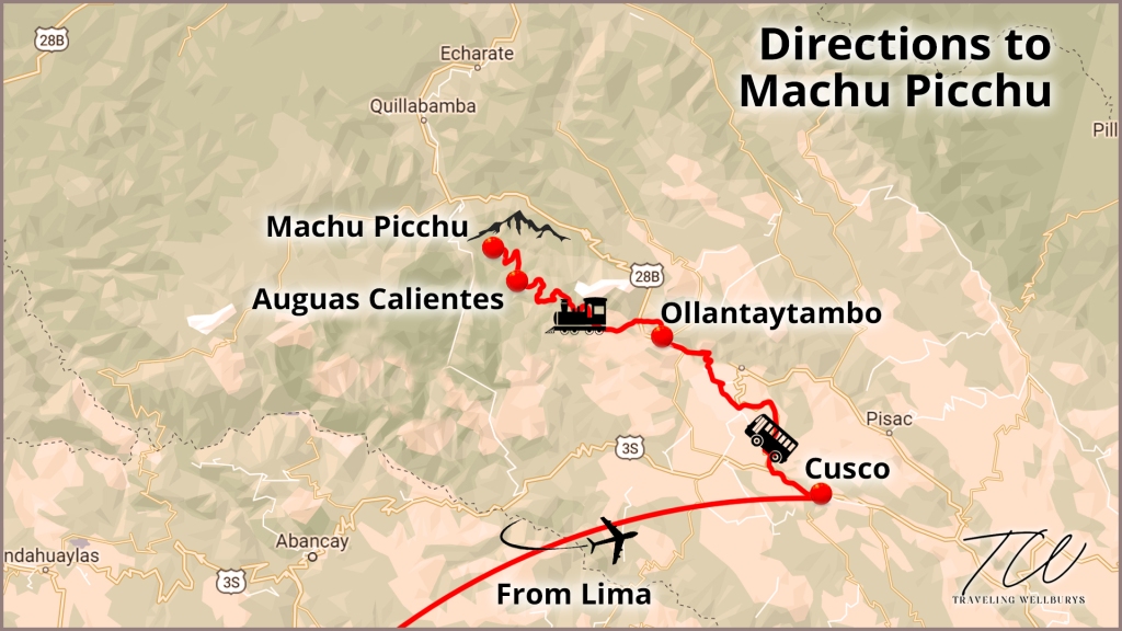 A map of the route from Lima, Peru to Machu Picchu. 