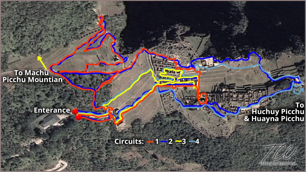 A map of the 4 different circuits through the Machu Picchu ruins.