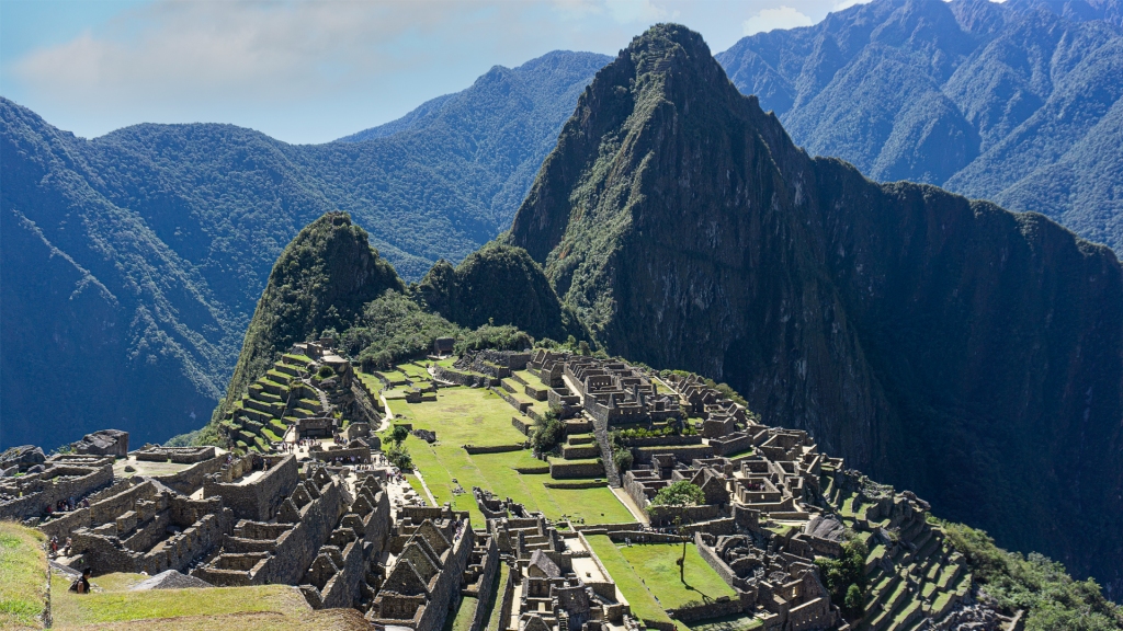 The ancient Incan Machu Picchu ruins located in the Peruvian Andes just outside of the town of Aguas Calientes, Peru.