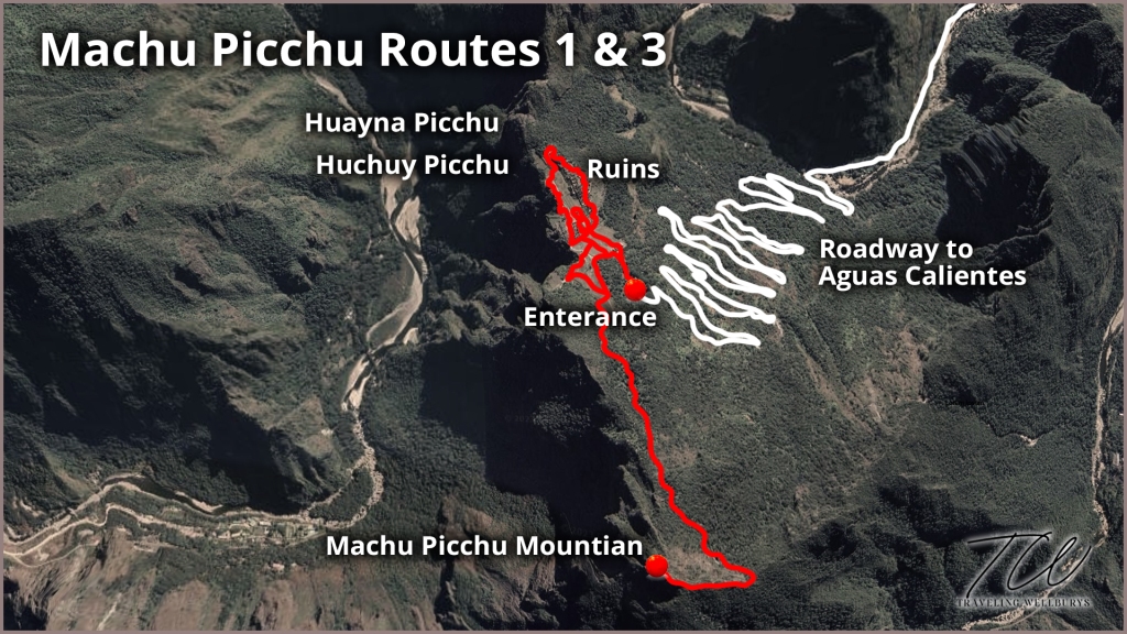 A map of the hiking route to Machu Picchu Mountain and the circuit through the ruins.