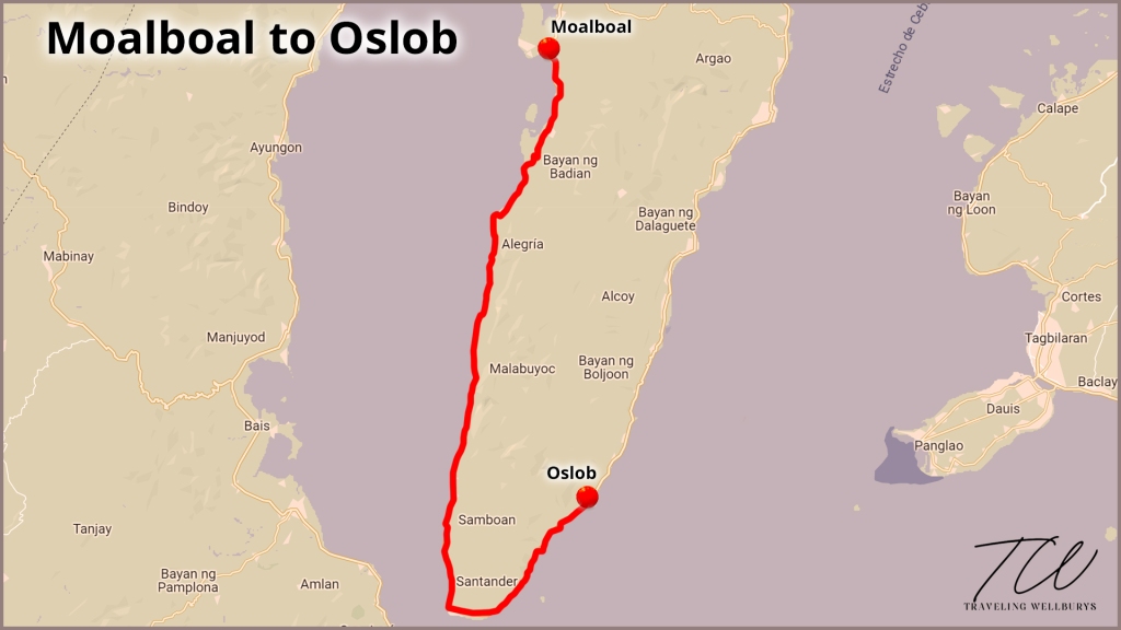 Moalboal to Oslob map in the Philippines.