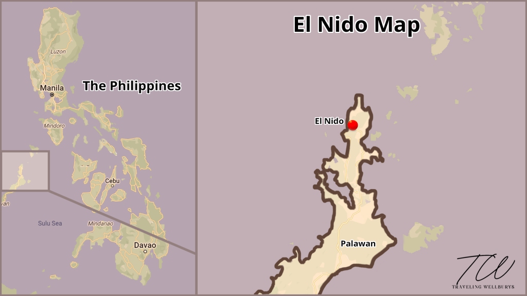 El Nido, Palawan map, showing its location in the Philippines.