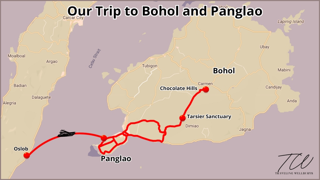 Road trip map for Bohol and Panglao, Philippines.