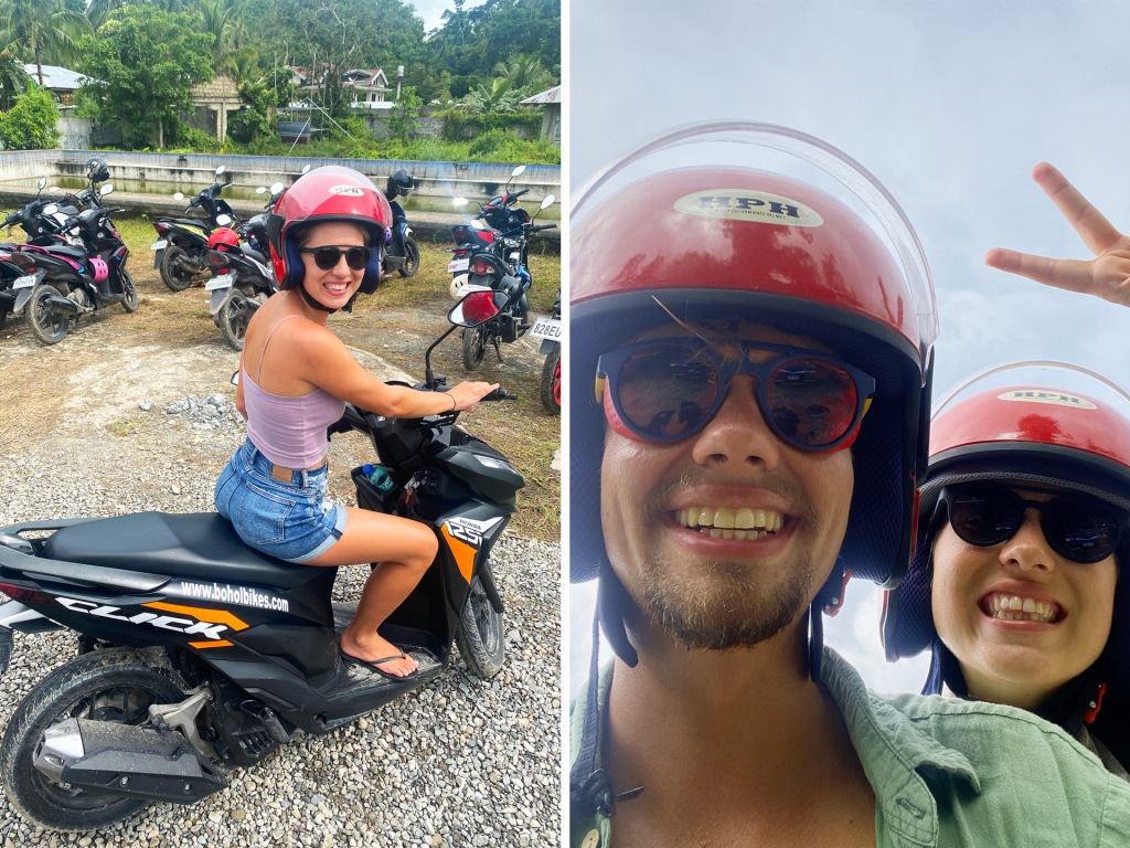 Two separate photos. A woman sitting on a motorbike pretending to drive, and a selfie of two people wearing motorcycle helmets.