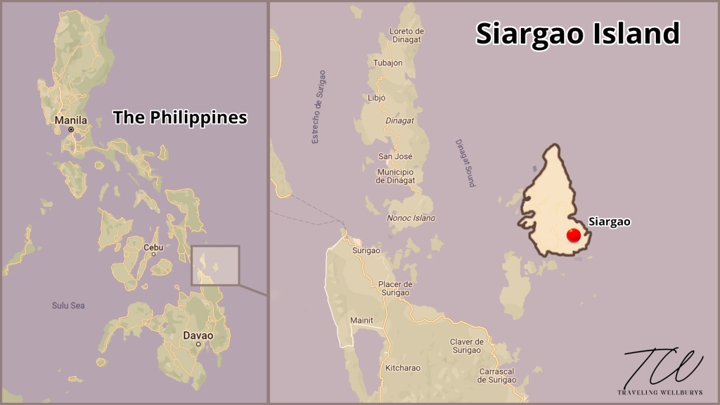Map of Siargao, Philippines showing the islands location.