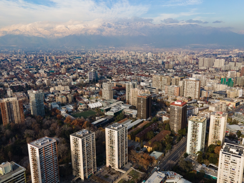 The city of Santiago, Chile surrounded in the Andes Mountains.
